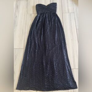Amsale London Sequin Tulle Strapless Column Maxi Gown in Navy Blue Size 6